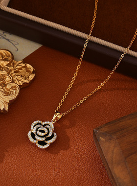黑色山茶花吊坠项链镶钻镀金滴油玫瑰复古轻奢时尚百搭锁骨链饰品