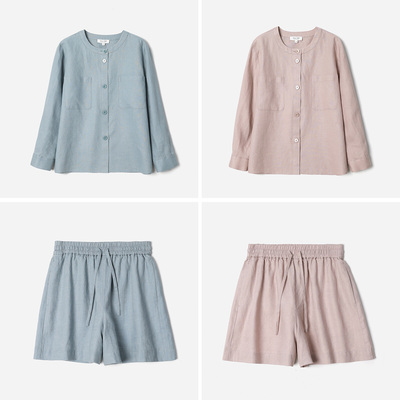 WCS08154 茉莉雅集 I*C复古小清新蟹壳青全亚麻圆领长袖衬衫短裤