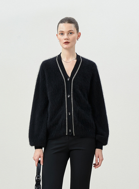 WZK06002 茉莉雅集 香*风KVSS全羊绒拉绒V领针织开衫毛衣