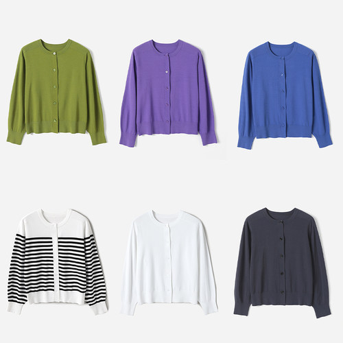 *WZK09081 茉莉雅集 缤纷多巴胺黏胶圆领后开叉针织开衫春女