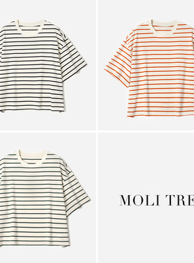 WTX08149 茉莉雅集 I*C干爽舒适经典条纹全棉短箱廓形宽松T恤女