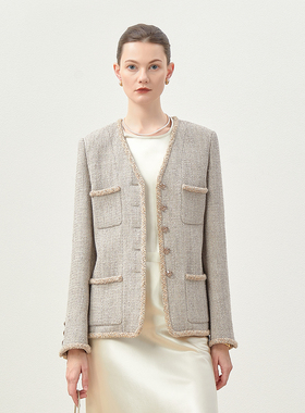 WWT06195 茉莉雅集 金米燕麦意大利香*风羊毛花呢优雅外套女