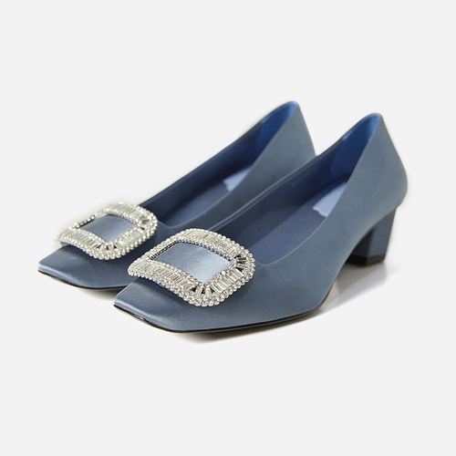 ED06009 茉莉雅集 R*V奢华方钻真丝面真皮大底方头浅口粗跟单鞋