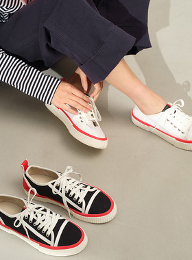 *EY06055 茉莉雅集L0ub0ut1n牛皮包边撞色红边休闲运动平底帆布鞋