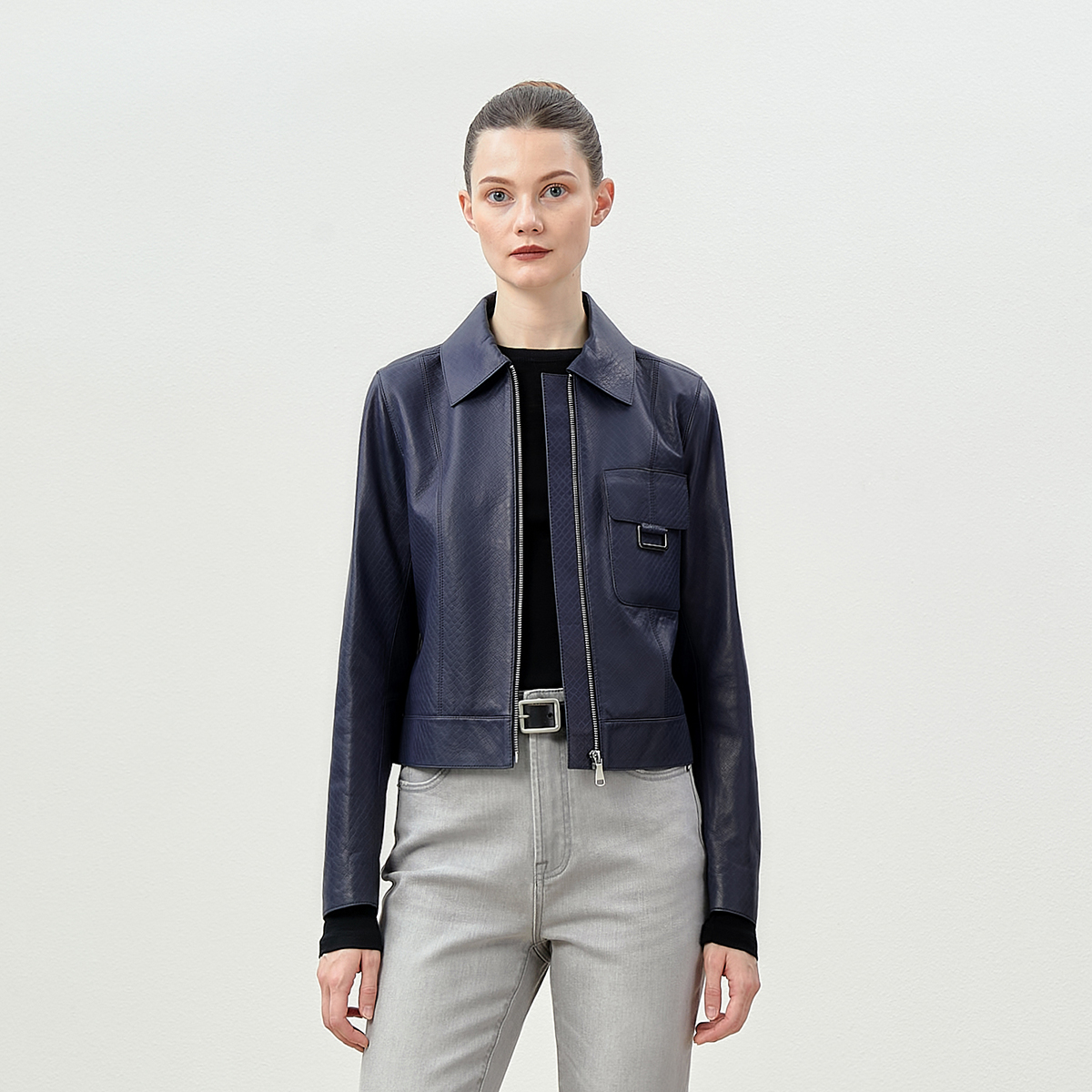 长袖琎口羊皮经典夹克外套皮衣