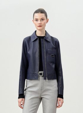 WPY03053 茉莉雅集 H家时尚长袖琎口羊皮经典夹克外套皮衣女