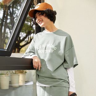 字母印花匹马棉干爽全棉廓形短袖 美式 茉莉雅集 T恤女 WTX05130