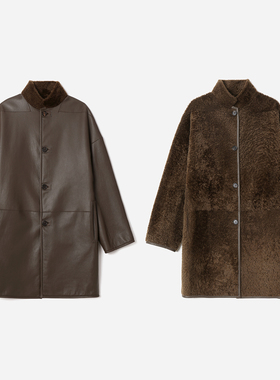 WPY08092 茉莉雅集GI@D@西班牙进口双面穿拉贡羊皮毛一体立领大衣