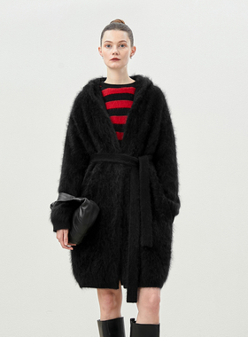 *WZK06091 茉莉雅集 KVSS全羊绒拉绒无扣连帽系带针织开衫