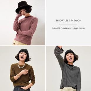 *WZT06134 茉莉雅集复古腔调意大利全山羊绒打底长袖条纹针织套衫