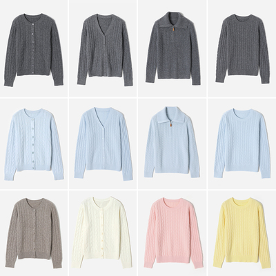 WZK09310 茉莉雅集 暖糯舒适圆领全羊毛绞花针织长袖开衫/套衫女