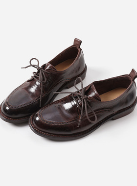 ED08049 茉莉雅集 复古水洗马皮系带深口单鞋布洛克小皮鞋乐福鞋