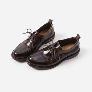 ED08049 茉莉雅集 复古水洗马皮系带深口单鞋布洛克小皮鞋乐福鞋
