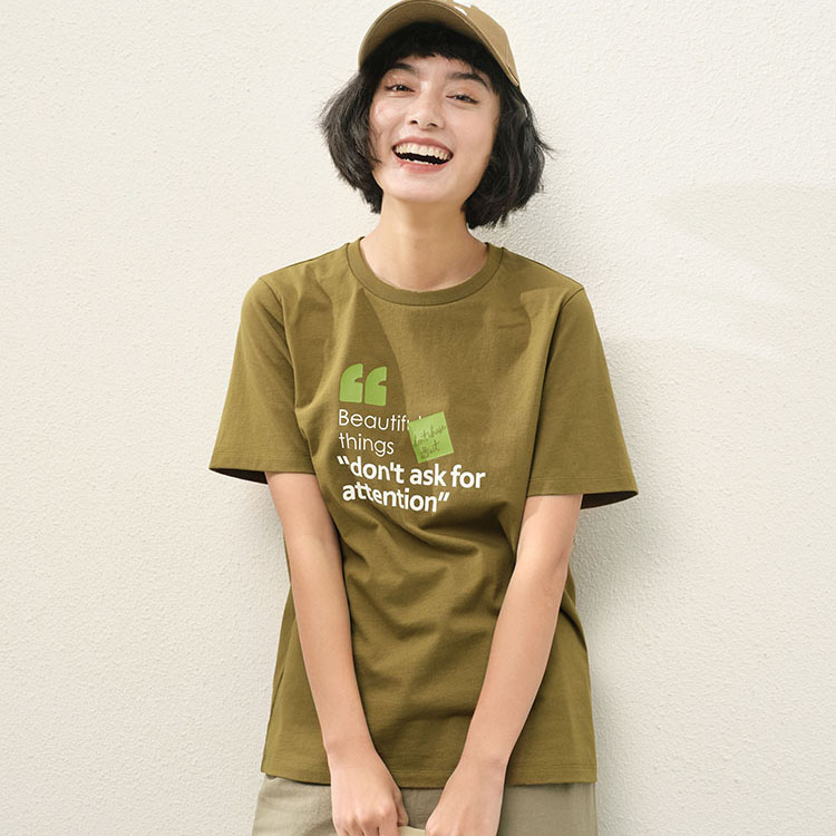 *WTX06120 茉莉雅集 桃李不言字母标语印花全棉圆领休闲短袖T恤女