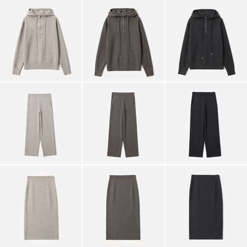 WZT09029 茉莉雅集 I*C 美丽诺羊毛连帽针织套衫半裙直筒裤套装