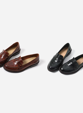 ED08050 茉莉雅集 复古英伦风擦色水洗马皮经典简约粗跟乐福鞋