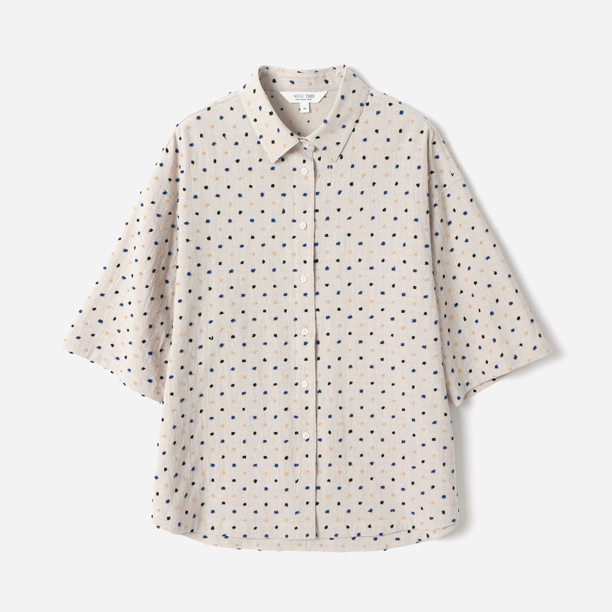 WCS09017 茉莉雅集  干爽透气彩色剪花亚麻棉翻领l落肩短袖衬衫女