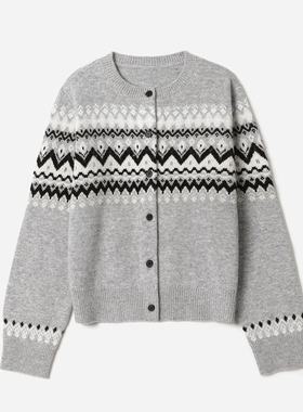 WZK09072 茉莉雅集 冬日氛围感费尔岛提花全羊毛圆领长袖针织开衫