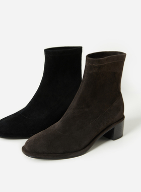 EX06045 茉莉雅集 英国奢牌绒面弹力羊猄真皮大底中跟短靴