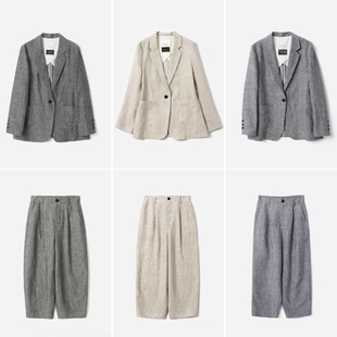 老钱复古意大利牛仔全亚麻西装 茉莉雅集 松紧腰萝卜裤 WXZ07026