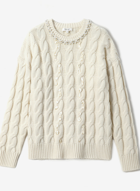 WZT08236 茉莉雅集 暖意生辉手工钉珠羊毛羊绒圆领长袖针织套衫女