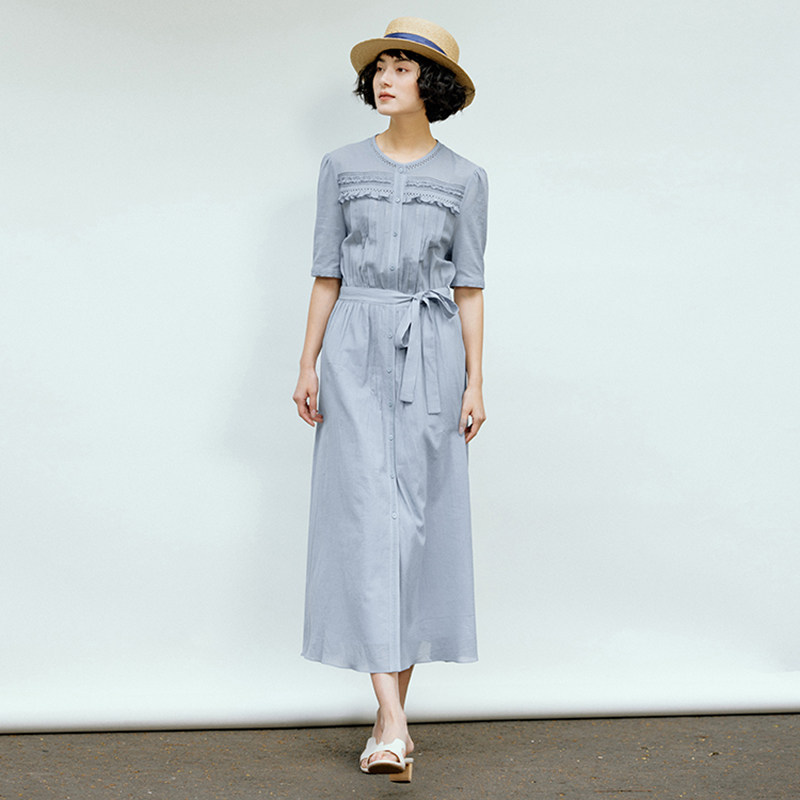 *WLQ06112 茉莉雅集浪漫唯美全棉重工蕾丝木耳边圆领短袖连衣裙女