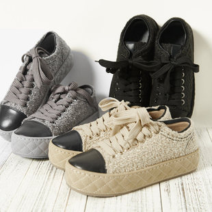 风织物亮面羊皮拼接真皮里厚底饼干板鞋 香 茉莉雅集 女 ED05031