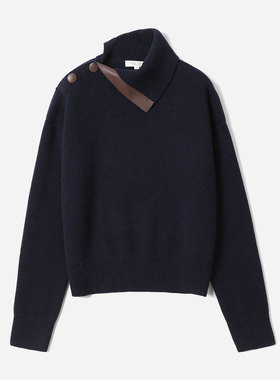 WZT08304 茉莉雅集 T*0D优雅右开襟意大利全羊绒拼羊皮针织套衫女