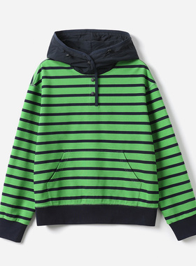 *WWY07058 茉莉雅集 经典休闲摩登条纹撞色连帽舒适薄卫衣日本料