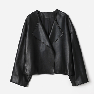 西班牙进口无涂层羊皮翻领廓形皮衣短外套 茉莉雅集 WPY08105