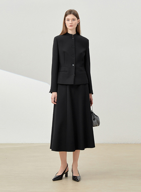 WWT08031 高智女王奢迪老钱风精纺全羊毛收腰立领外套A摆半裙