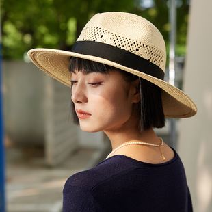 茉莉雅集时髦正宗巴拿马草镂空花纹宽檐遮阳编织草帽女 WSP06093