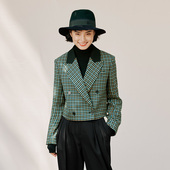 女 西装 WXZ04001 意大利色织精纺羊毛双层异色绿格戗驳领利落短款