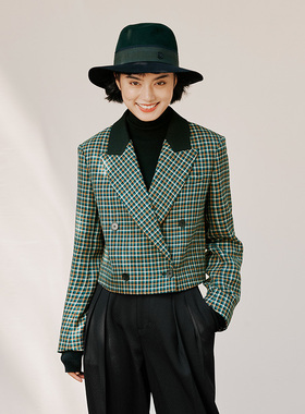 *WXZ04001 意大利色织精纺羊毛双层异色绿格戗驳领利落短款西装女