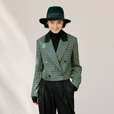 *WXZ04001 意大利色织精纺羊毛双层异色绿格戗驳领利落短款西装女