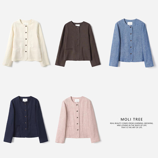 WWT07356 茉莉雅集 复古静奢文艺休闲轻盈细薄全亚麻圆领外套女