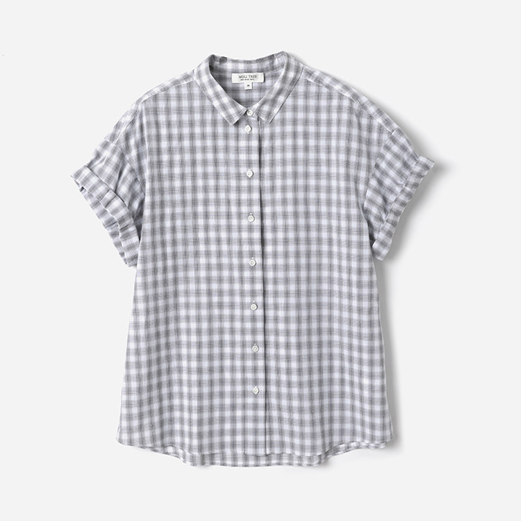 WCS09025 茉莉雅集 日式复古全棉格纹小翻领休闲百搭短袖衬衫