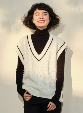 *WZT04059 茉莉雅集 I*C KVSS全羊绒V领撞色绞花针织背心毛衣