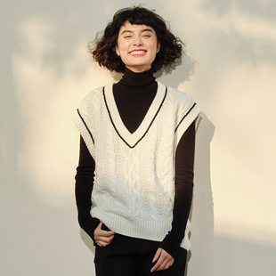 *WZT04059 茉莉雅集 I*C KVSS全羊绒V领撞色绞花针织背心毛衣