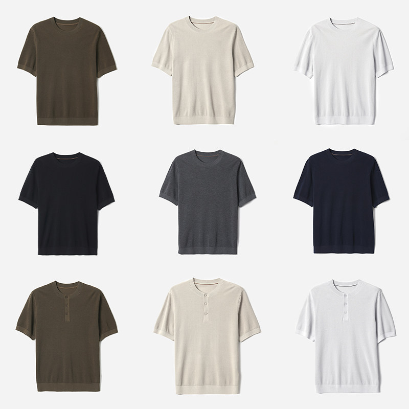 MZT09025 茉莉雅集 优雅绅士亨利领/圆领棉混纺短袖针织套衫男士