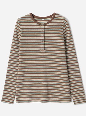 *WWY08047 茉莉雅集 学院风复古亨利领绒感温暖高支棉条纹卫衣T恤