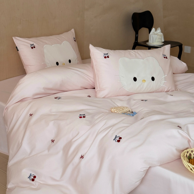 小清新樱桃刺绣100S全棉磨毛四件套女孩粉色加厚纯棉被套床上用品