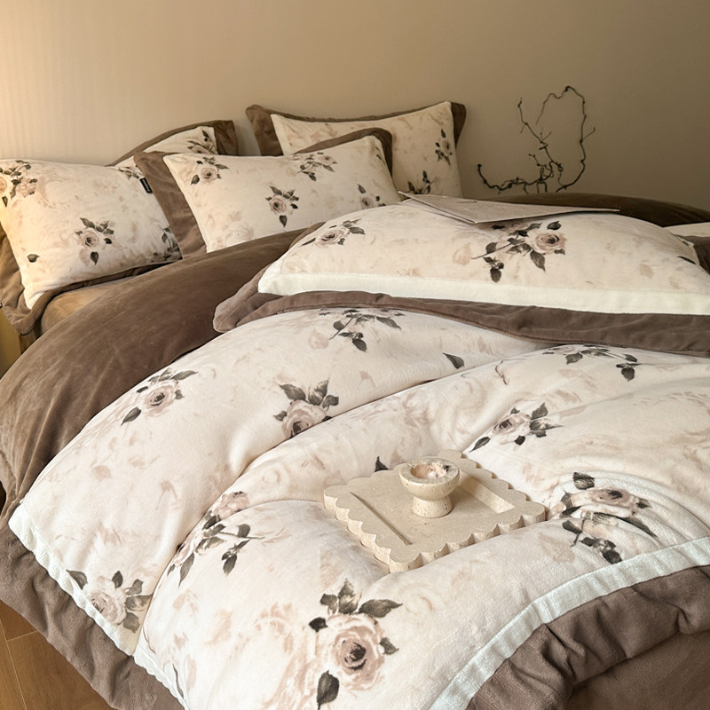 A类母婴级高克重加厚牛奶绒四件套复古印花珊瑚绒保暖被套抗静电,床上用品,床品套件/四件套/多件套,淘宝优惠券,粉丝福利购,淘宝优惠卷