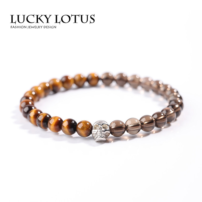 LUCKYLOTUS珠宝明星天然虎眼石男手链茶晶银骷髅头女手串个性包邮