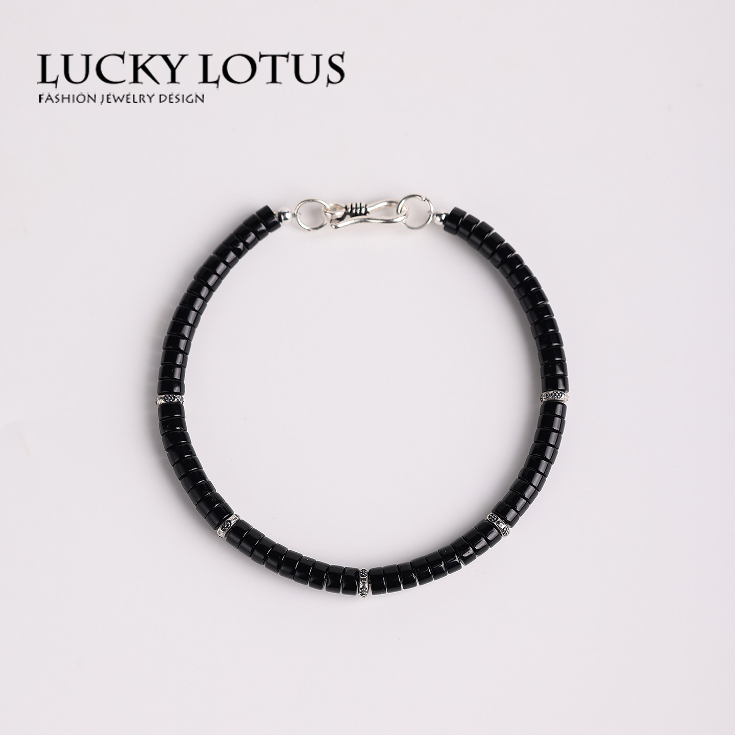 LUCKYLOTUS珠宝首饰天然黑曜石珠子手链男女转运手串简约个性复古