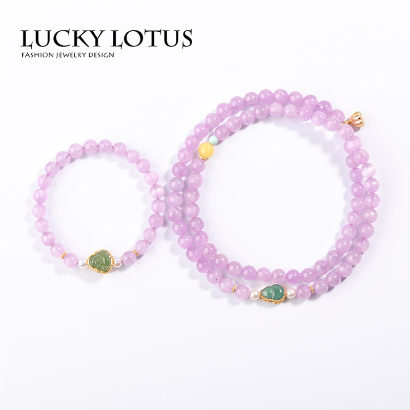 LUCKYLOTUS天然紫锂辉三圈手链单圈女手串薰衣草紫色水晶碧玉银镶