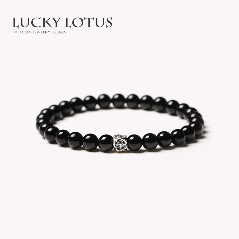 luckylotus首饰黑玛瑙黑曜石泰银花手链简约个性手串男女情侣包邮
