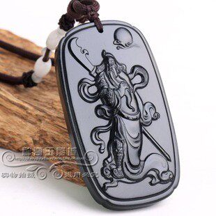 正品新疆和田玉墨玉 和田玉武财神 墨玉关公牌子 颈饰 吊坠