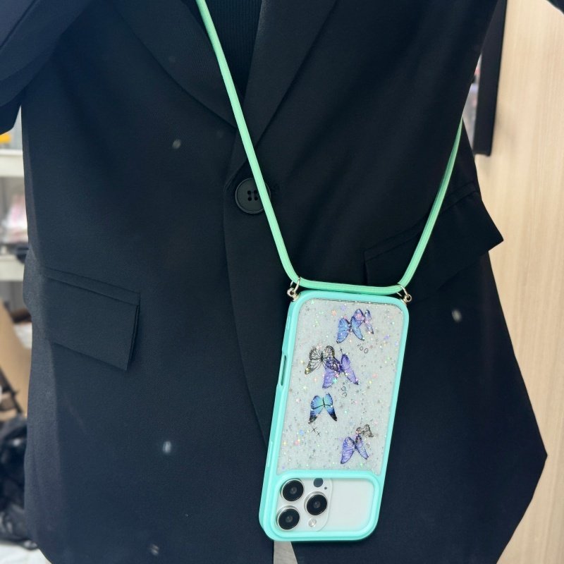 CHOWILL滴胶闪粉彩蝶飞舞斜挎背带绳适用iPhone17 Air 16Pro 14 15Plus 13Mini 12 11 XSMAX 78P SE3手机壳