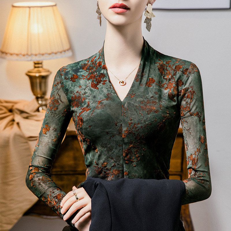 复古植绒V领蕾丝打底衫女2024秋冬新款女装扎染印花洋气长袖上衣